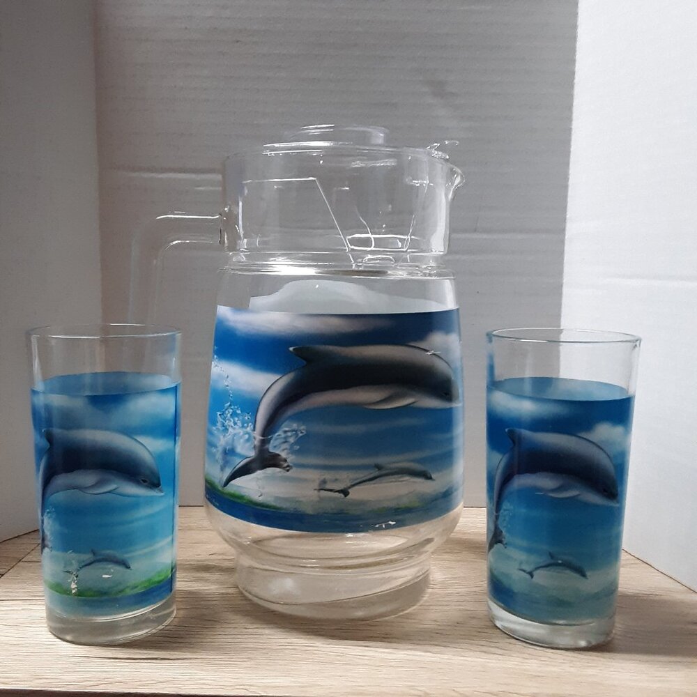 Vintage Dolphin Glass Pitcher & Juice Glasses Set RARE MCM Mid-Century Retro